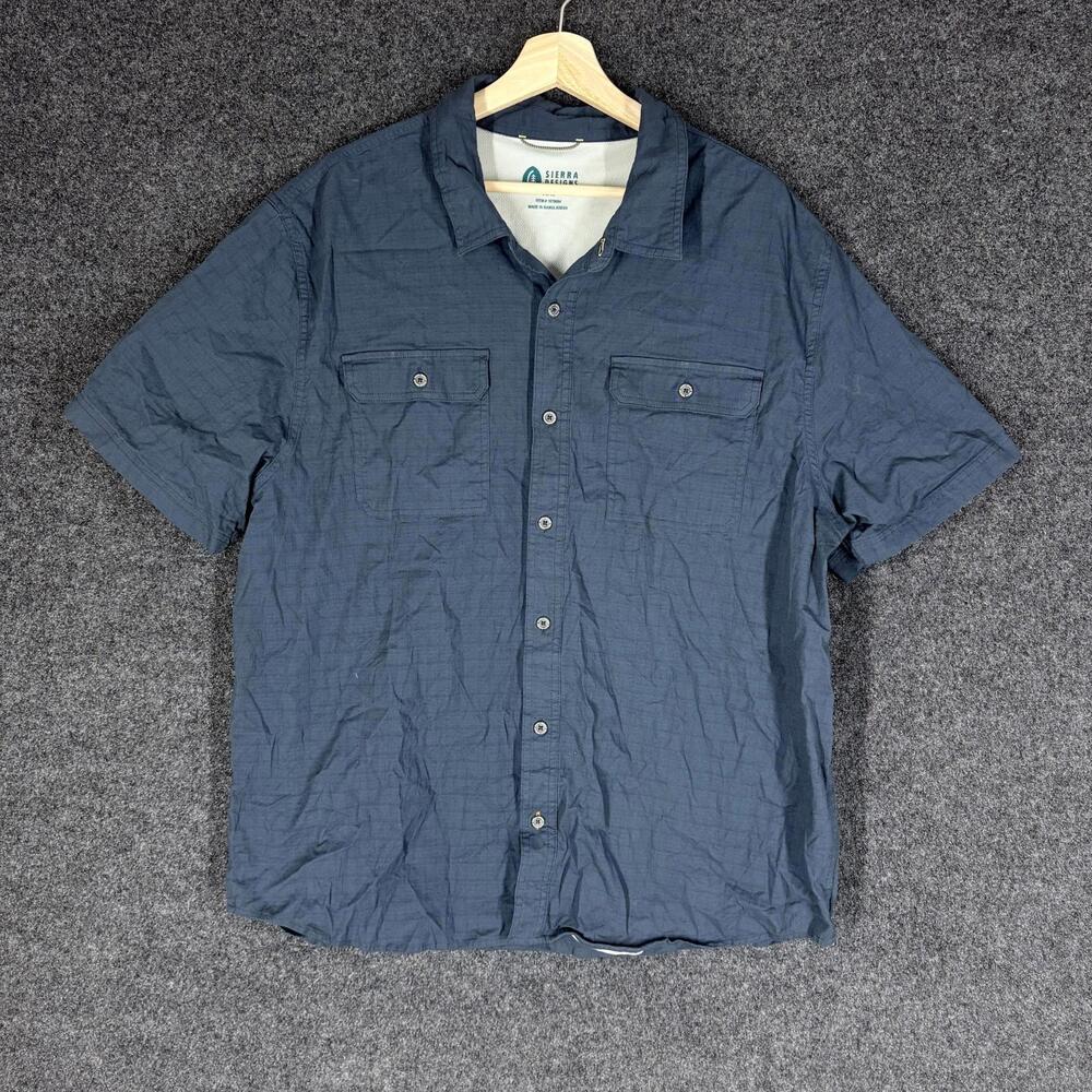 Sierra Designs Shirt Men 2XL Blue Button Up Collared Short Sleeve Pockets Cotton